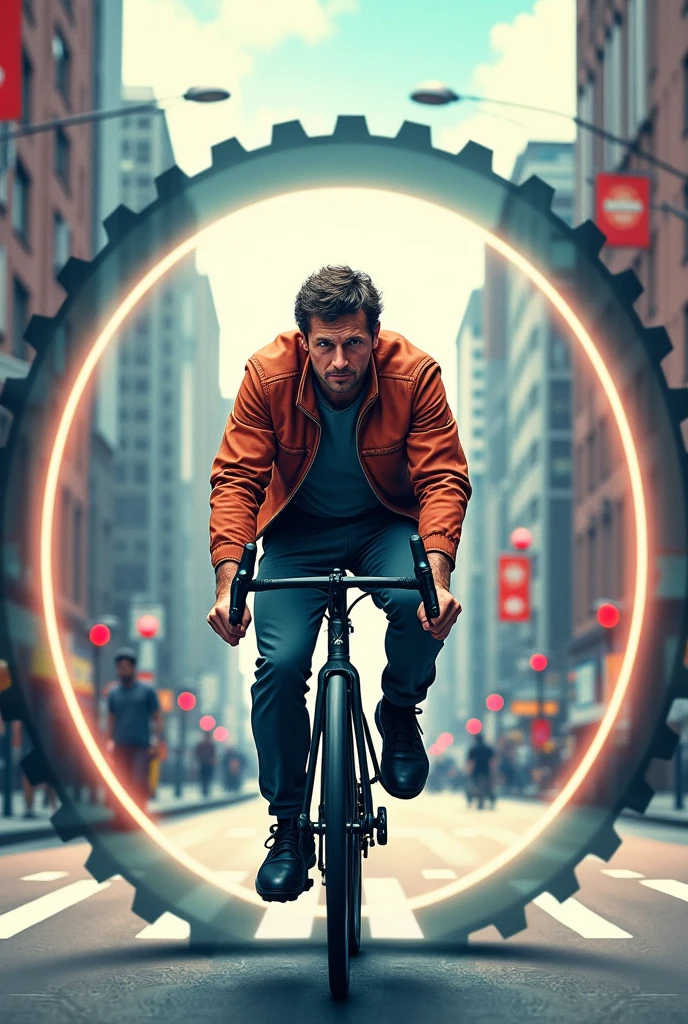 man riding a bike with a gear around it with the phrase below ''AnnA BiKe''