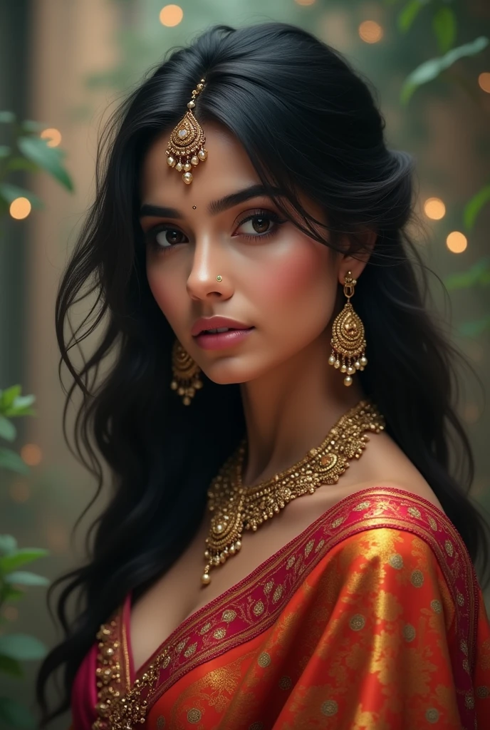 A indian woman with saari and jhumka baselet mala cinematic anime imege ratio 9:16