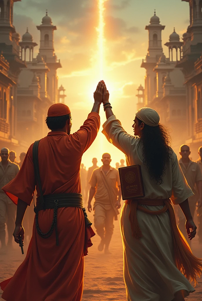 Picture of Indian Muslim and Hindu where both of them are holding things in their hands and are in excitement. (The scene behind will be of India )and (the leaders will be coming to kill them) and (the books will be saving them).