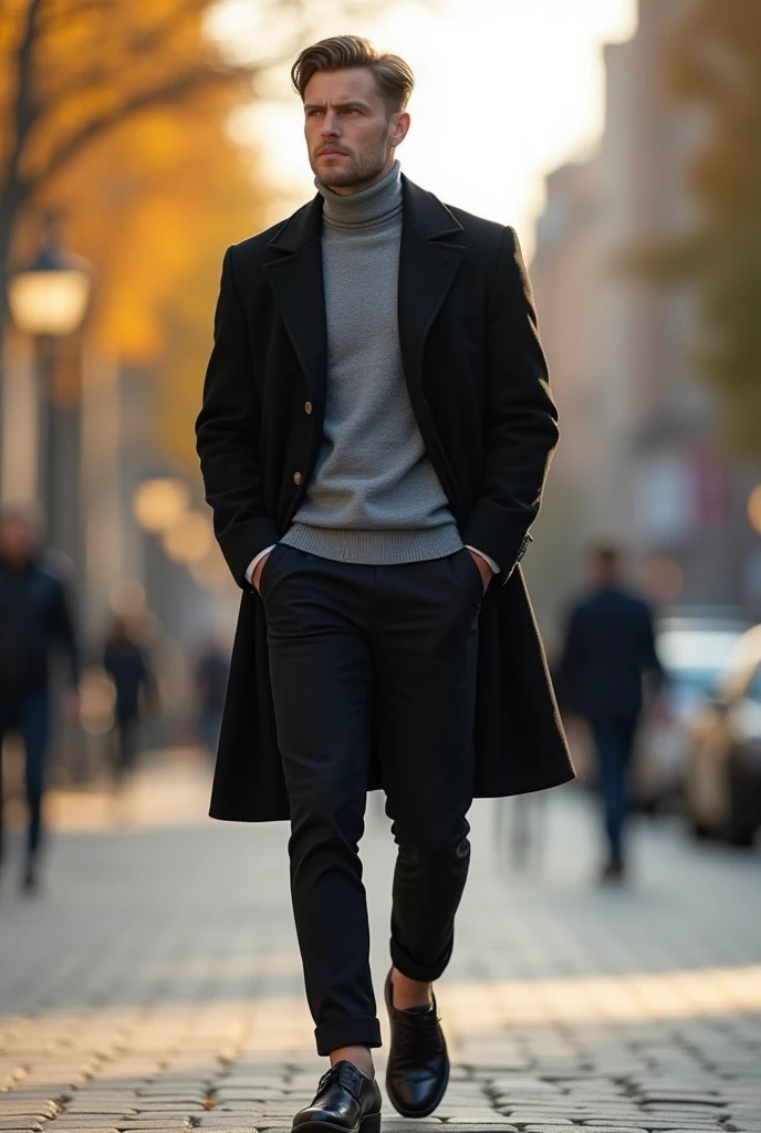 фото full length идущего по городу русского мужчины, Medium height, 35 years, black hair, Sports figure, broad shoulders, a neat stylish hairstyle, wide cheekbones, grey turtleneck coat, black dress pants, black short blazer, черный Classic Jacket, suit jacket, Classic Jacket, black leather derby shoes, stylish black blazer, warm autumn, Early autumn, Sunny weather, walking through the city, looks ahead, Stylish look, thoughtful look, full length, free pose, dynamic pose, solar lighting, daylight, black hair, blunt bangs, Serious, expressionless, atmospheric perspective, bokeh, f/1.8, 85mm, Nikon, depth of field, uhd, masterpiece, accurate, anatomically correct, textured skin, super detail, high details, high quality, highres, 4K