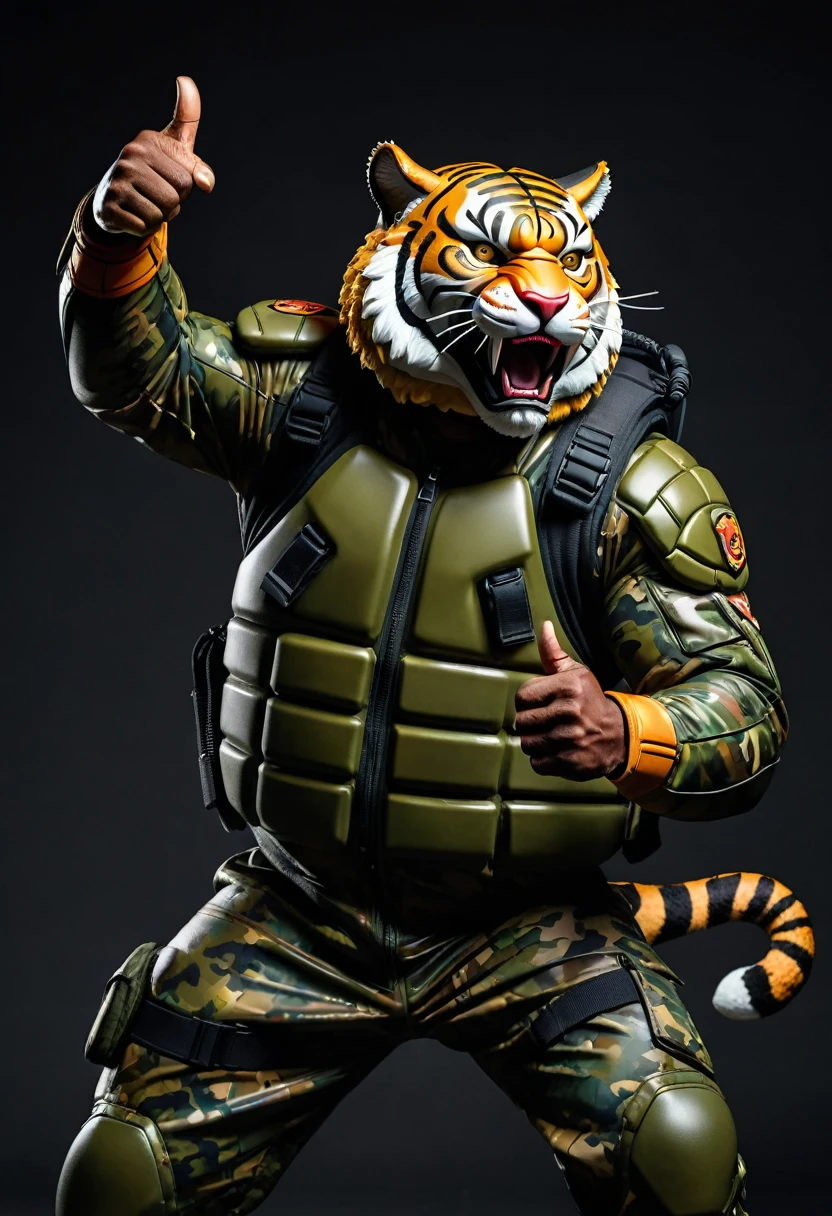 (a dark-skinned fat muscular old man in a bulky army camouflage zipper diver suit) thumbs up pose, carrying an , (wearing a small-sized realistic roaring tiger mask), dynamic action pose, fierce expression, roaring, showcasing an imposing stature, surrounded by military elements, dramatic shadows and intense highlights, cinematic color tones, high detail, powerful, art influenced by Bruce Onobrakpeya and Stanley Artgerm, ultra-detailed, best quality image, action-packed atmosphere. 