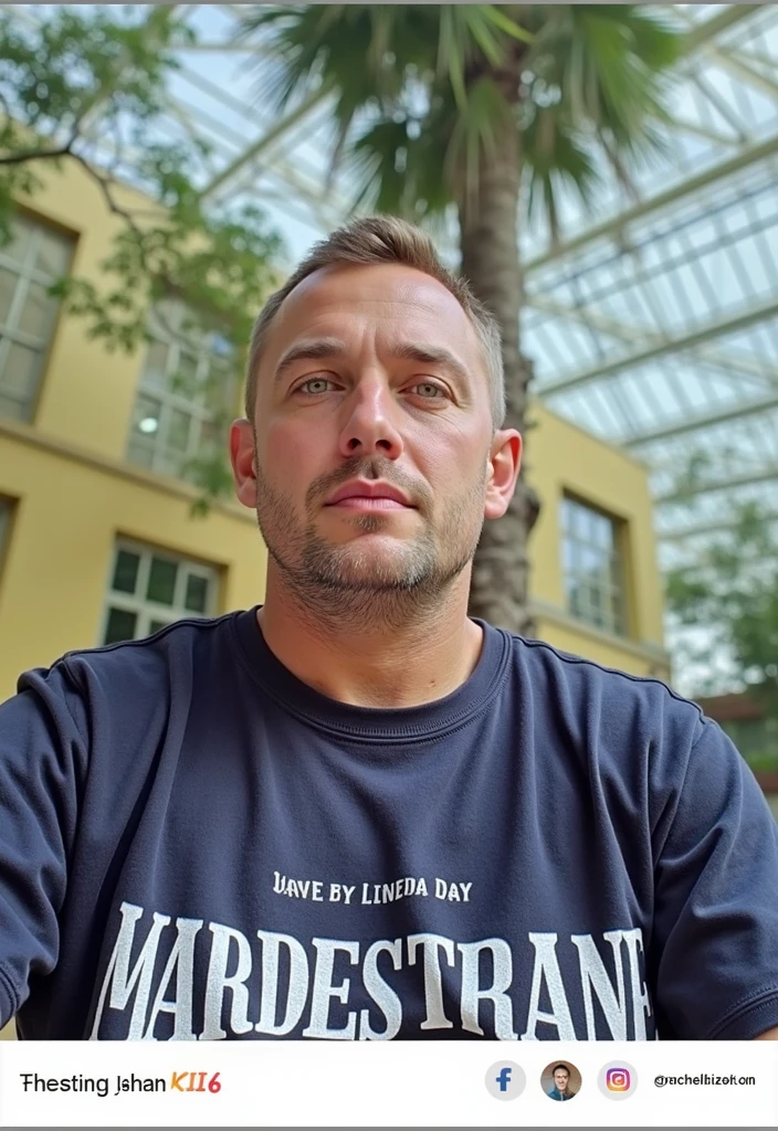 Generates the image of a male personal trainer with green eyes, full body image inside a 40 year old gym, body healed, skin tanned, brown hair with blonde highlights, well-groomed short hair, beautiful lips and flushed face