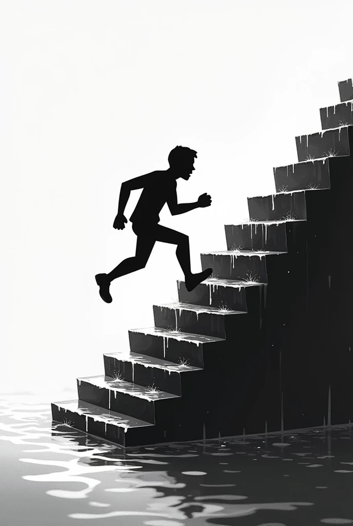 Person running on a wet staircase. 2d black and white animation, Simple