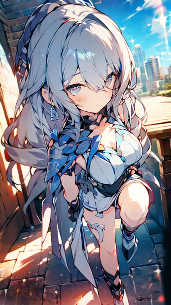 ((full body)), Girls in Anime, Blue and grey metal armor, Blue hand and thigh accessories, Short dark blue-gray hair, hair accessory, Grey Eyes, Silver earrings, nose, Curious, Healthy Skin, Very dirty, head, shoulder, Small box, arms, Have a map, Narrow waist, feet, Medium thighs, Has black robotic legs, cute, Bright colors on the shirt, Futuristic marble white palace, Shining light in the sky, Stand next to a wall, Cinematic Light, High resolution, Highest quality, Super detailed, Detailed face, (Detailed eyes), Highest quality, Super detailed, masterpiece, (Detailed face), Beautiful face, feetを見せて, 