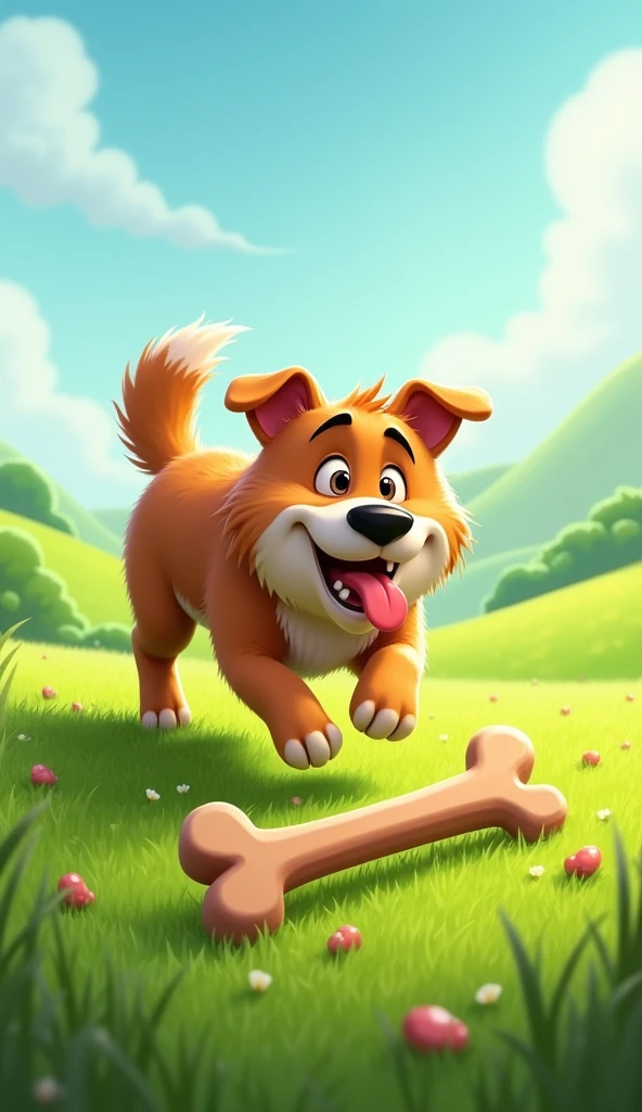 A big dog in a green field, wagging his tail with excitement, finds a big, juicy bone lying on the ground.
Show as cartoons