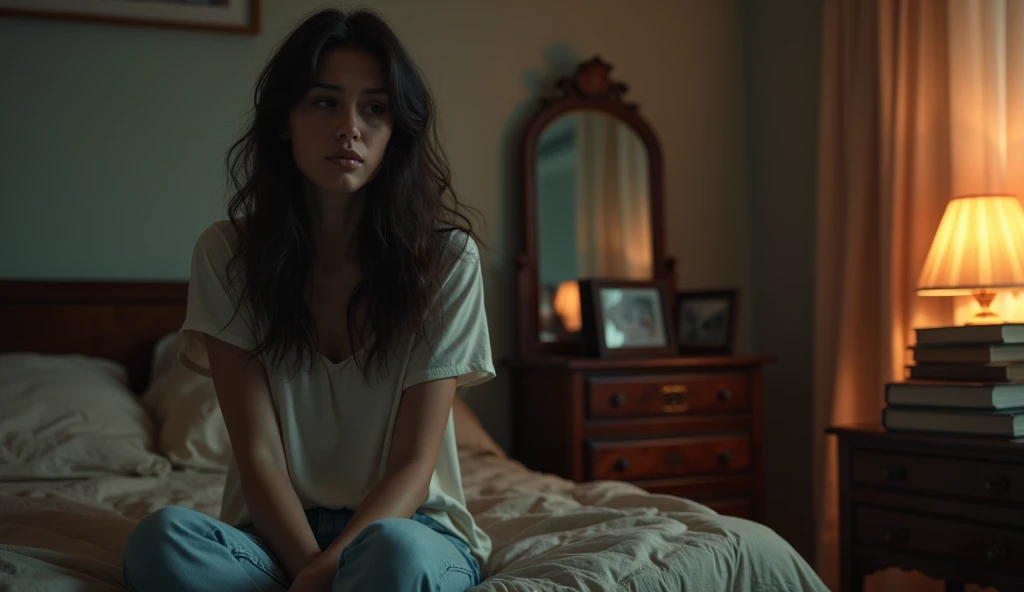 Realistic portrait "A pretty woman, Dark hair and deep gaze, She is sitting on the edge of her bed in a cozy but slightly messy room. The room is illuminated by the soft evening light that enters through the half-open curtains.. The woman&#39;s expression is thoughtful and melancholic., with a mix of sadness and acceptance on his face. Around it, you can see some books stacked up, an antique mirror and a couple of framed photographs on a table. The scene conveys a sense of introspection and tranquility after an emotional storm.." at night with warm light 
