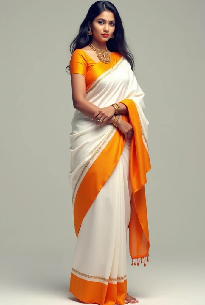 A beautiful woman in a white saree orange\ border pallu on head with bindi Bengali style and a mole in her face standing full body displayed realistic