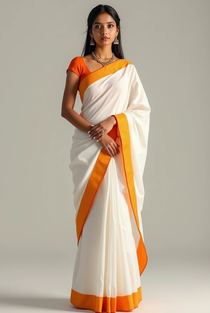 A beautiful woman in a white saree orange\ border pallu on head with bindi Bengali style and a mole in her face standing full body displayed realistic