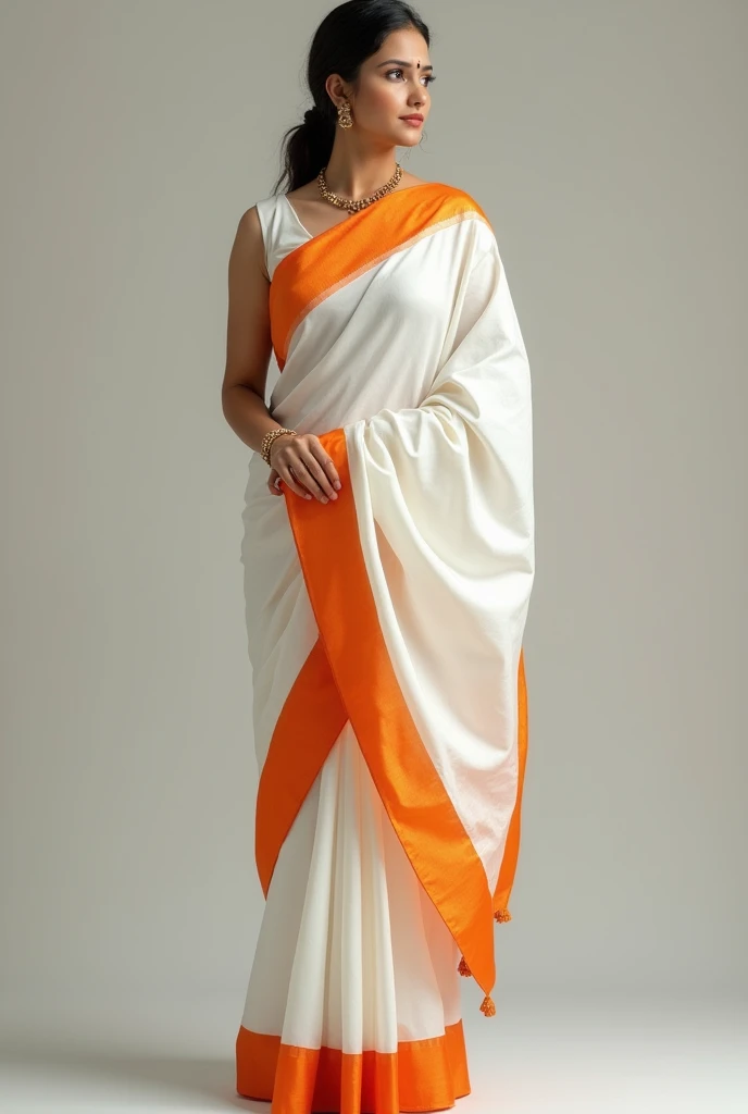 A beautiful woman in a white saree orange\ border pallu on head with bindi Bengali style and a mole in her face standing full body displayed realistic 