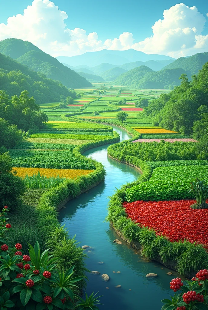 Red chili plantation, garlic plantation, basil plantation, pork plantation, cucumber plantation, canal plantation