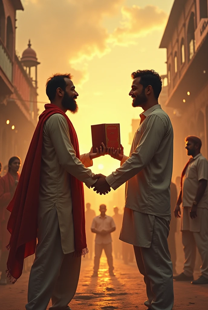 Picture of Indian Muslim and Hindu where both of them are holding things in their hands and are in excitement. (The scene behind will be of India )and (the leaders will be coming to kill them) and (the books will be saving them).