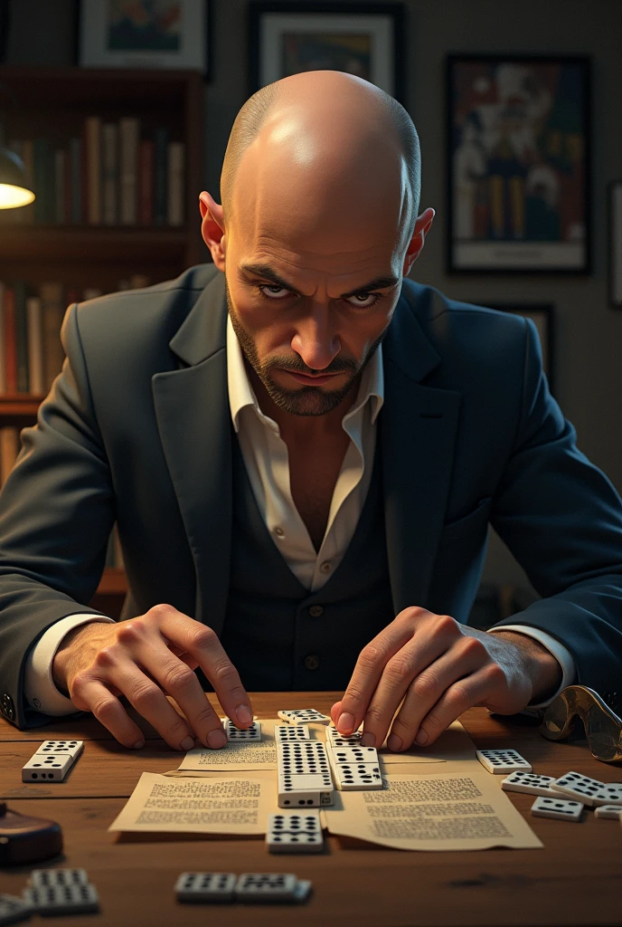 A bald man playing dominoes on the table and with a clue to hunt