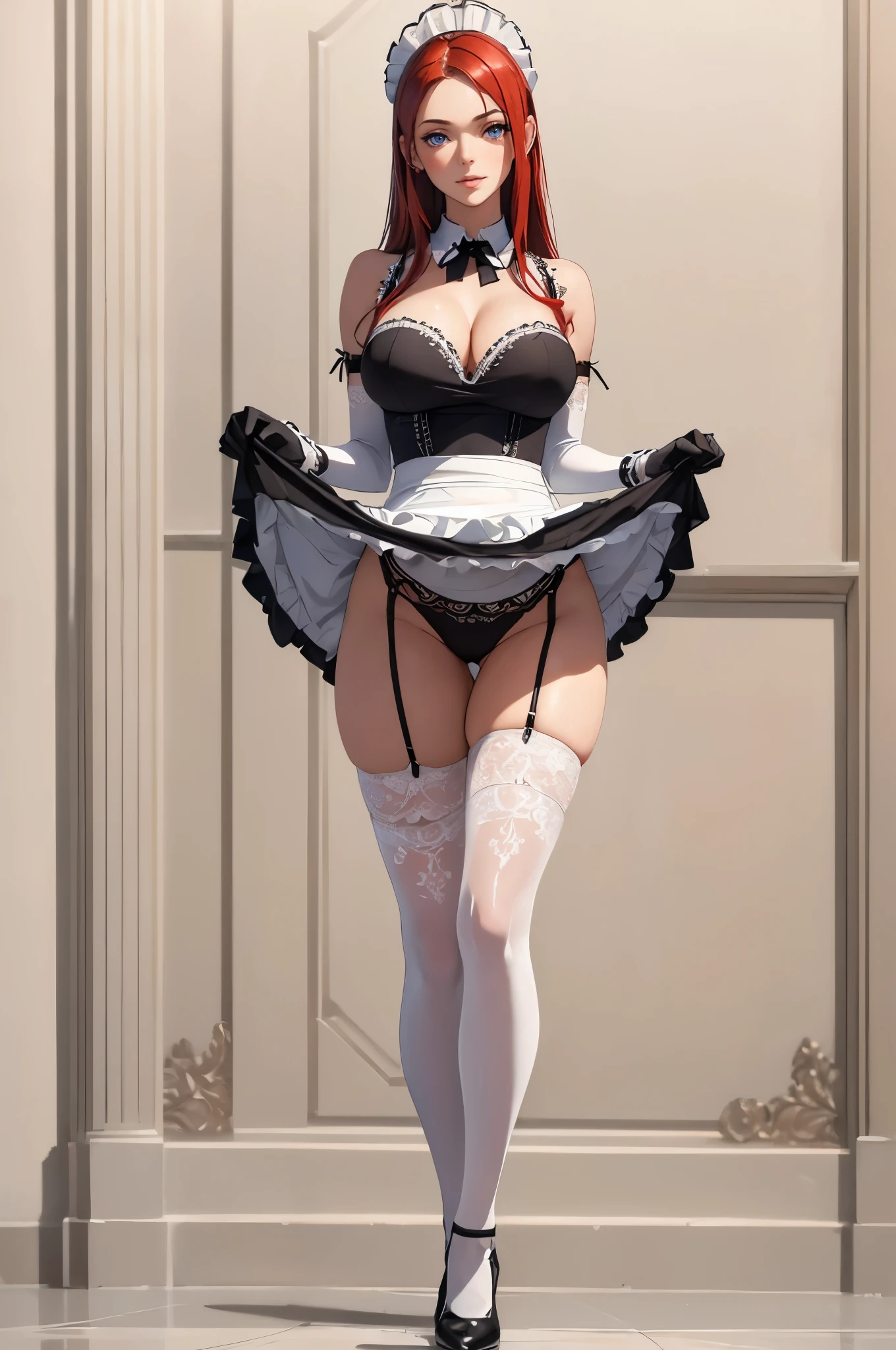 ((1girl, solo)), maid, large breasts, beautiful body, (perfect anatomy, perfect body, perfect hands, perfect legs), nice hands, natural proportions, sexy body, standing BREAK
((extremely detailed face)), purple eyes, (beautiful detailed eyes:1.6), (realistic pupils, realistic iris:1), expressive eyes, looking at viewer, (clear eyes:1.3), (hyperrealistic:1.2), (detailed skin texture:1.2), smooth skin, (red hair:1.5), long hair, (detailed lips:1.2), (attractive lips:1.1), (glossy lips:1.1), ((smile)), perfect face, perfect eyes BREAK
maid headdress, black dress, cleavage, detached collar, black bowtie, sleeveless, bare shoulders, (white elbow gloves:1.3), ((black wrist cuffs)), maid apron, white waist apron, dress lift, lifted by self, black panties, thighs, ass visible through thighs, (white thighhighs:1.3), black footwear, high heels, frills BREAK
(masterpiece:1.5), anime-style, top quality, best quality, (beautiful and aesthetic:1.2), (ultra detail:1.5), Ultra-detailed depiction, Ultra-precise depiction, extremely detailed 8k illustration, high resolution, (highly detailed shading:1.2), (realistic lighting:1.4), perfect lighting, vibrant colors, dynamic tones, striking hues, 8k, absurd resolution, perfect shadows, hdr, UHD, ambient lighting, realistic, ultra-realistic, photo realistic, highly detailed, rich detail, luminous colors, fine texture, intricate design, professional illustration, (soft light:1.2), (illustration:0.7)