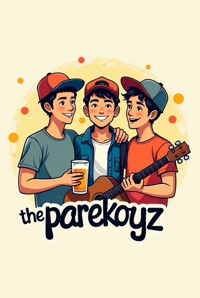 logo of three male Filipino
friends, one holding a glass of beer, the other holding a guitar, the boy in the middle has a mole on his cheek, then there are all wearing snapback cap and below the logo there is the lettering The Parekoyz