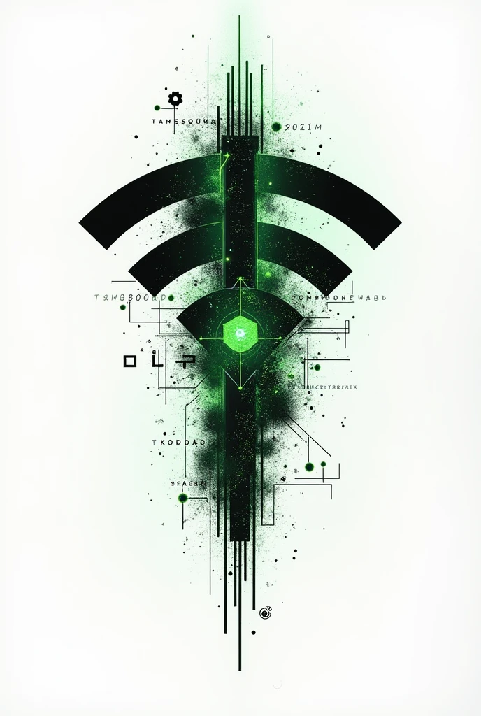 black and green tattoo that represents computer science, wifi network and artificial intelligence just the drawing with white background
