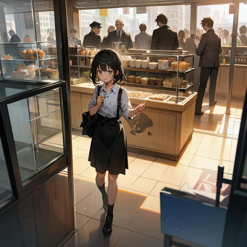 The girl pushed past the people and entered the cafe happily