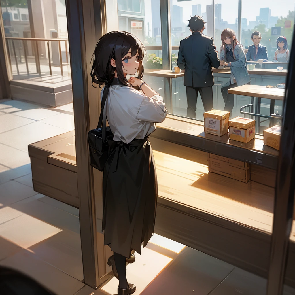 The girl pushed past the people and entered the cafe happily