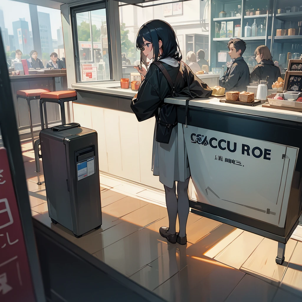 The girl pushed past the people and entered the cafe happily