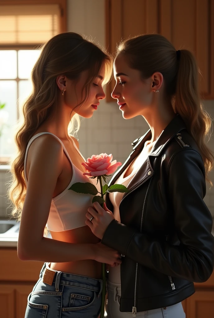  In the image, two women are standing in a kitchen. One of them is holding a pink rose and the other is wearing a leather jacket.