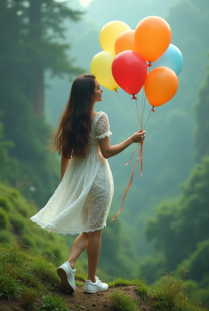 cinematic (solo) A 3 Asian woman with a curvy body and long brown hair, wearing a white polka dot dress, white New Balance shoes, walking carrying colorful hot air balloons, on a hill, with green trees in the fog