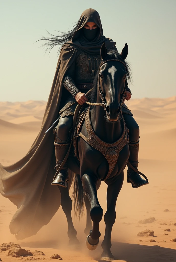 A arabian man with long hair hidden face with mask and sword and sitting on the black horse at dessert