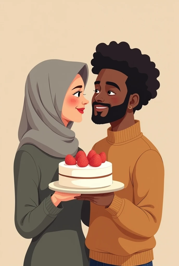 drawing of a cake, with a young couple with a slight smile where the woman is white with straight black hair and the man is black with curly black hair, as if it were a cartoon, the boy can't have a beard and the girl wearing grey hijab. the drawing has to be animated but a little realistic, the couple has to be leaning against each other and holding the cake smiling, nothing too childish. the couple has to look like they are . the boy's hair is curly and defined, while the girl has happy facial expressions but not too much, just a slight smile 