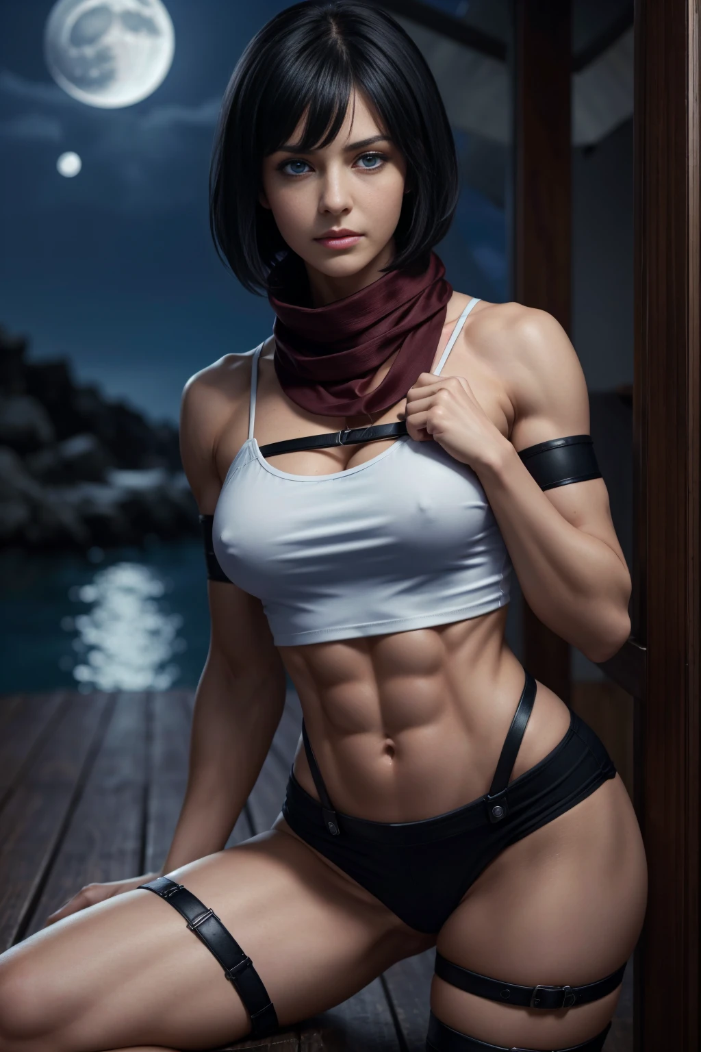 8K, Top Quality, Intricate Details, Ultra Detail, Ultra High Resolution, high-quality, photorealistic image, Masterpiece, random angle, young, attractive, very beautiful mikasa ackerman, with a toned and muscular body. She has a sexy fit and athletic physique, staring with sensual face expressions and a sexy seductive smirk, (Makeup: 0.4), (Fluffy Blue Eyes: 1.21), blue Eyes, ((full body)), 1girl, solo, 1 girl, (( full body)),  close-up shot, (((fit body))), (((slim face))), sharp face, sharp eyes, (((black hair, short hair, bangs)), (detailed face), sharp face, small lips, thin lips, ((red scarf, crop top, thigh strap)), detailed face, detailed breasts, medium perky breasts, detail, curvy biceps and triceps, with accentuated slender abs: 1.4, Six Pack Abs: 1.4, Bust Botox, Perfect Body, detail leg, (( moonlight)), ocean