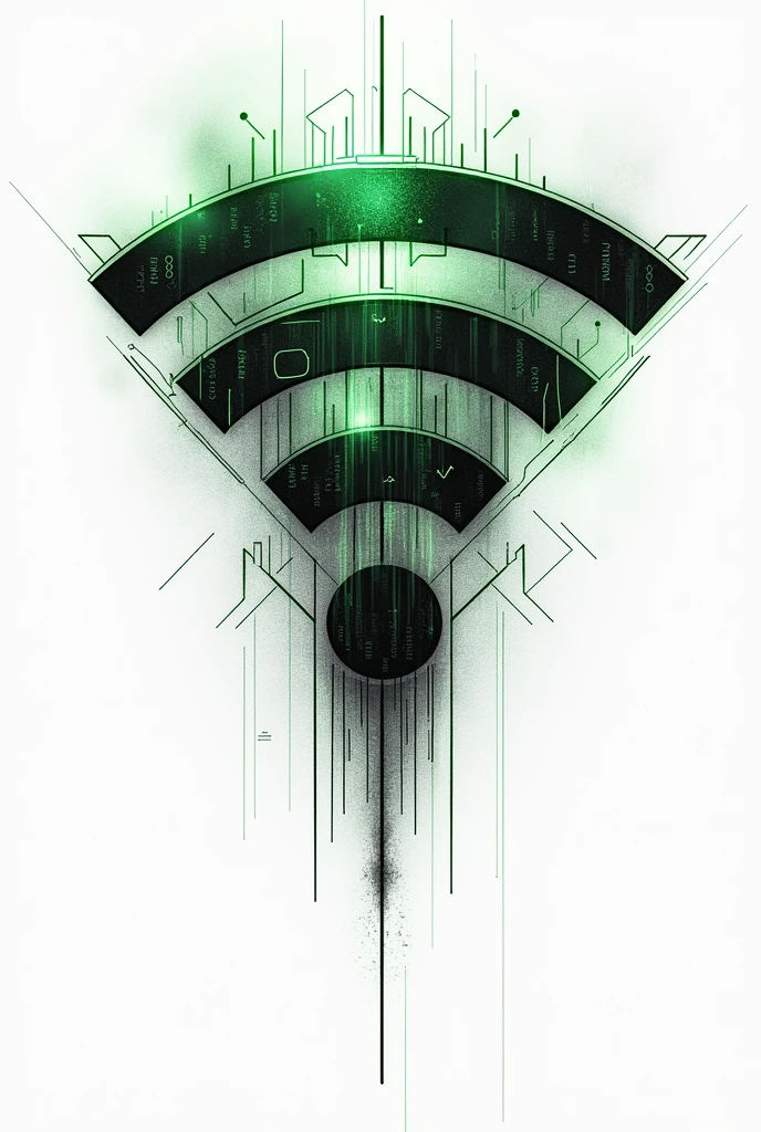 black and green tattoo that represents computer science, wifi network and artificial intelligence just the drawing with white background