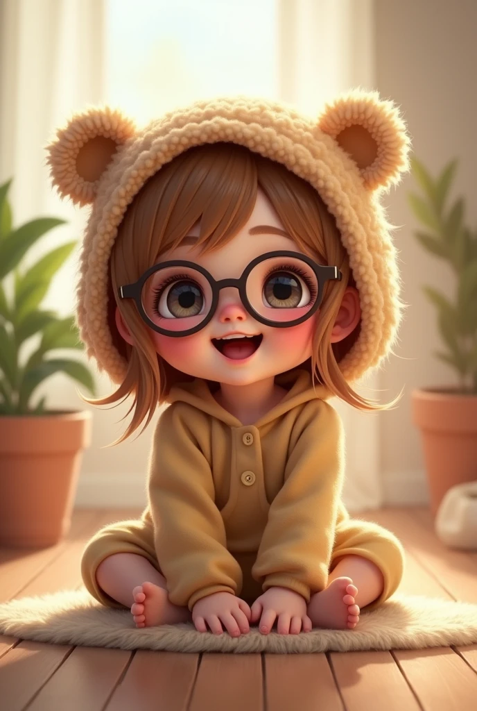 , babe, fly away, with rosy cheeks, long hair light brown color, eyes black, Grinning, sitting on the floor, with teddy bear cap and glasses