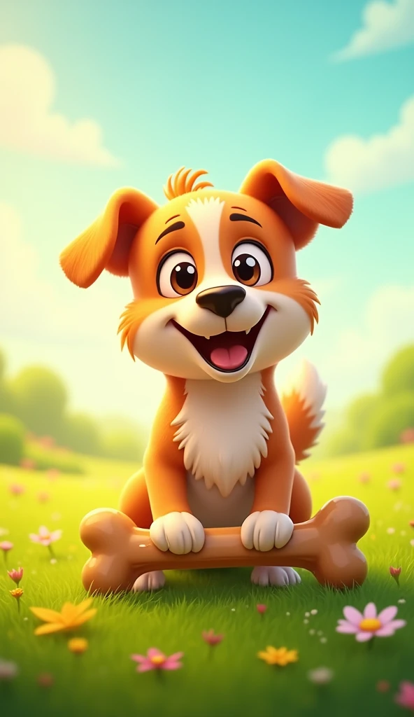 A adult dog in a green field, wagging his tail with excitement, finds a big, juicy bone lying on the ground.
Show as cartoons
