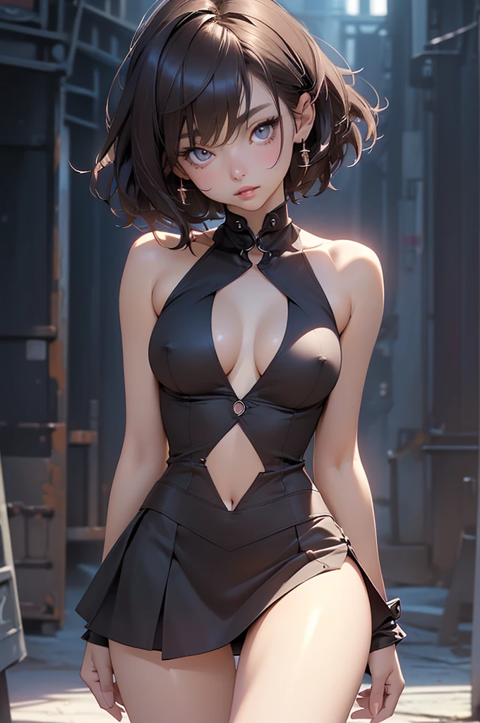 (Very detailed CG unity 8K wallpaper），best qualtiy，cinmatic lighting，detailed back ground，((best quality)), ((masterpiece)), (detailed), NSFW, small breasts, prominent collarbones, skinny arms, flat and toned stomach, visible hip bones, full body, short hair, brown hair, Realistic Shadows, Detailed skin, Very small breasts, Very detailed, highly detailed face, Perfect face shape, Perfect lips, Perfect nose, Correct beautiful eyes, Watching Viewer, Best Quality, Single korean Girl, wearing mini skirt,showing skin,show face,deep cleavage,thin waist,slim silhouette,thin thighs,very beautiful face,photorealistic,ultra quality,
