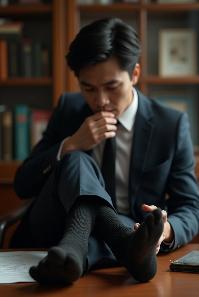Malay 25 years lawyer from Malaysia
Suit and tie
Focus Puma shoes on table
Feet on desk
Focus Black sock on table
5 toes each feet
Focus on feet
A man lick his feet