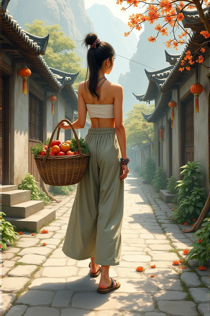 (photorealistic :1.4), Light and shadow Painting, character line effect, colours ink splash line, colours ink painting, pen tip splash effect, colours ink smudge effect, casual and wild painting style, quick freehand and neglected painting style, a beautiful chinese woman ponytail adorned with jewelleries, wearing a tube tank and large oversized linen pant, carrying a traditional bambou basket full of vegetables, barrow stones street, old stone houses, fruits trees in bloom, spring water, in ancien Chinese village in tang dynasty.