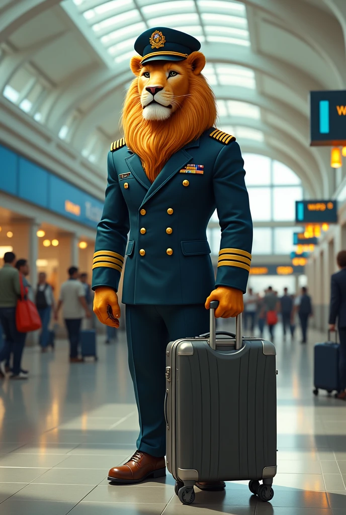 lion as a pilot with a pilot uniform stand with a suit case in a airport kiyla dunna