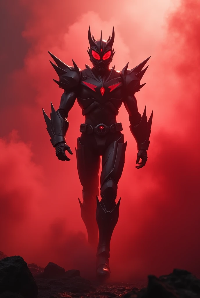 A Kamen Rider Villain walks through red mist