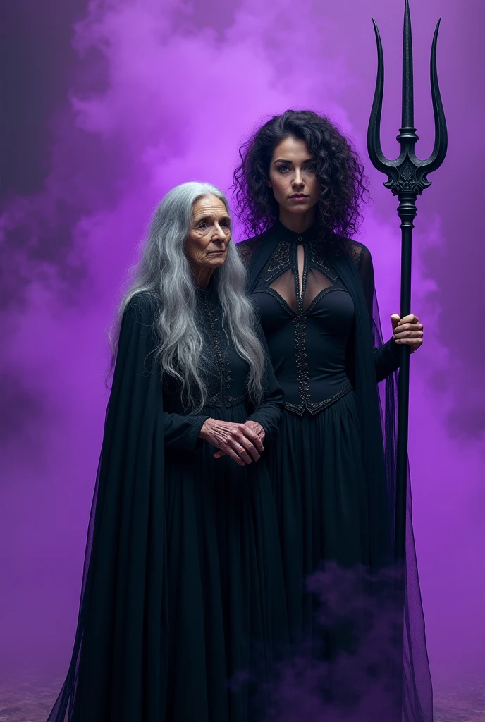 a road with a purple background, with an old woman with wavy hair, long and gray with a black cape, and a woman with curly hair, black and black with a long black dress holding a trident
