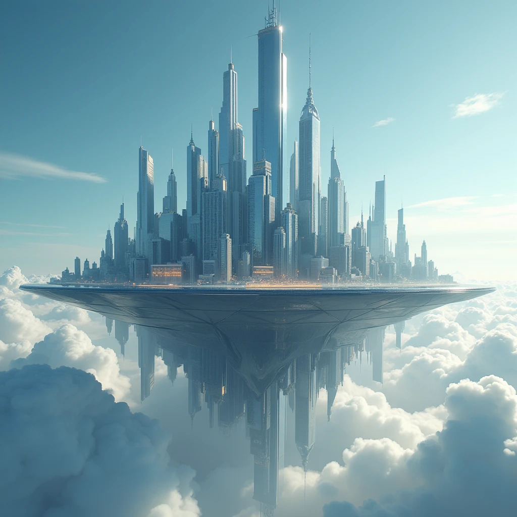 surreal Scene, abstract fantasy art, A futuristic city suspended in the air，There is no support at the bottom of the high-rise building，But it floats steadily above the clouds。The colors are dominated by cool metals and reflected sunlight.，The light and shadow are mainly scattered light from the sky，Details are reflected in the structure of the building and the floating clouds, night