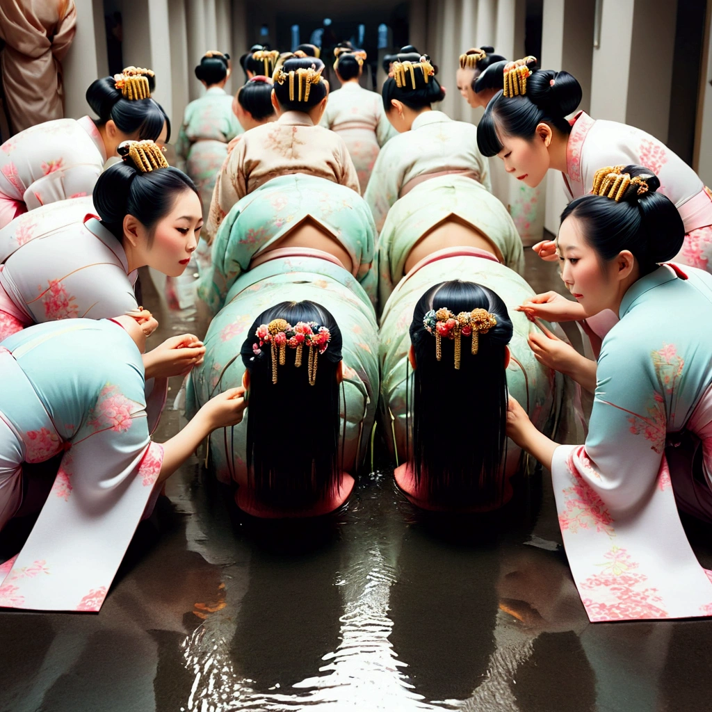 three japanese eldery ladies in kimono at luxerius office items sorrounded bright lighted modern office,their black straight bob hair back side made in to low single small ponytail while front parted hair maded into twin bun,100 liters of oil poured over their hairs making slick shinning like mirrors,tongues are highly visible,kissing 