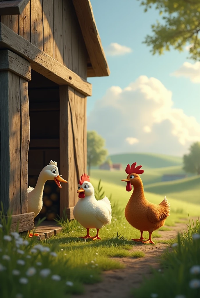 Generate me an image of a duck and a hen spying on the barn