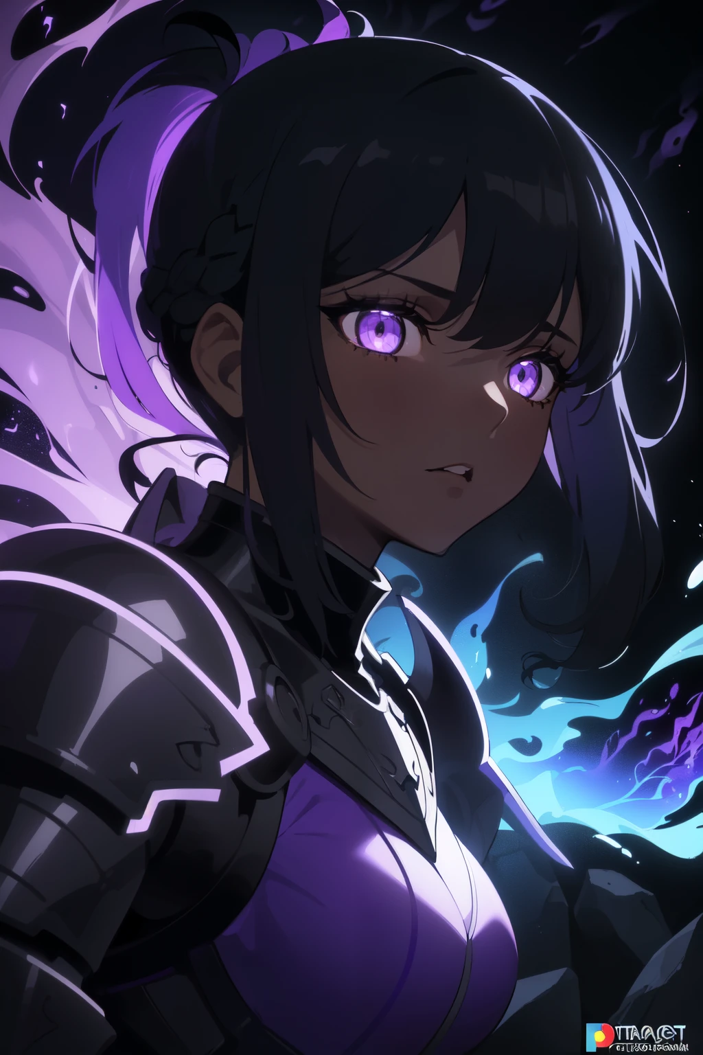 ((masterpiece, Best quality, ultra detailed, best shadow), (detailed background, dark fantasy), (beautiful detailed face), high contrast, (Better lighting, very gentle and beautiful), ((cinematic light)), colorful, hyperdetailing, dramatic light, complex parts, (1 girl, black hair, Sharp face, purple eyes, braided hair in a ponytail, Dynamic angle, black steel armor), depth of field, Black light particles, Sitting on rocks, Full length character, dark skin, Beautiful detailed hair, character in the shadows
(swirling black light around the character:1.5), (static purple fire on character:1.5)