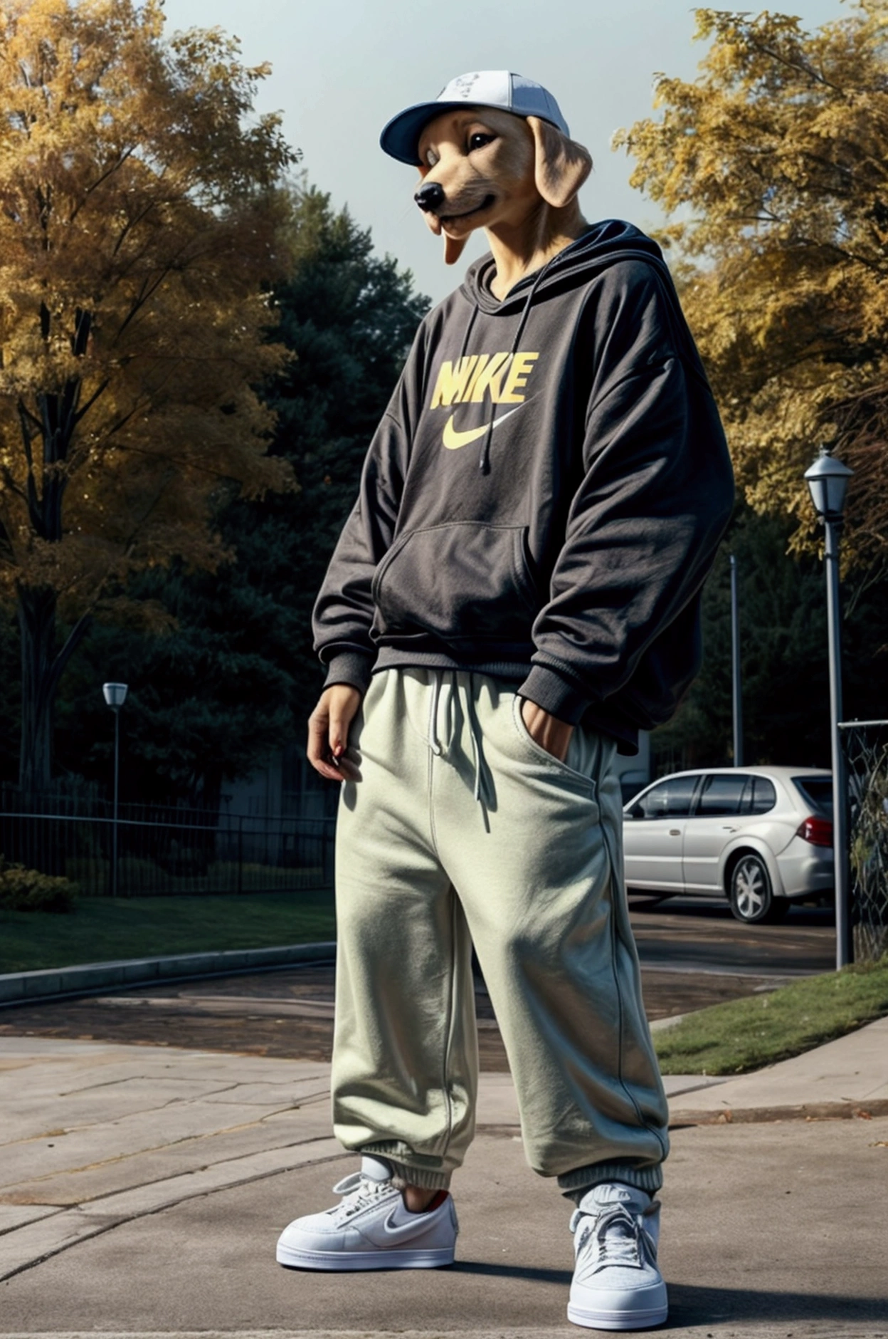 Yellow Labrador wearing baggy pants and a sweatshirt with a backwards cap and Nike SB sneakers holding a skateboard next to another yellow Labrador 