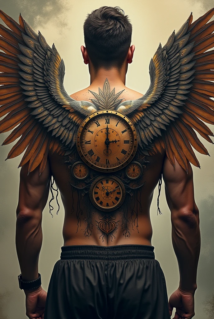 Open Wing tatoo with clocks, rune words for man