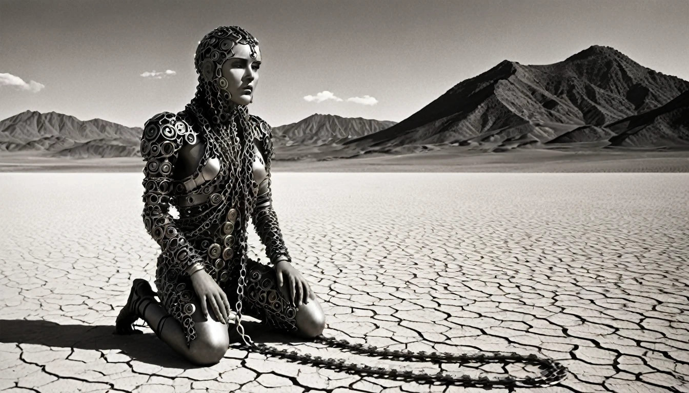 Image is a surreal, sepia-toned scene featuring a humanoid figure made entirely of interlocking metal chains and gears. The figure is kneeling on a barren desert landscape with mountains in the background. The chains extend from the figure's body to the ground, anchoring it in place. The sky is overcast with a few clouds, adding to the desolate atmosphere. The humanoid's head is bowed slightly, and its face is expressionless, composed of smaller metal pieces. The overall composition is symmetrical, with the chains creating a balanced, yet constrained, visual effect., photorealistic, early science fiction, Intricate Details, from the film Metropolis, inspired by Fritz Lang's Metropolis, Directed by F. W. Murnau. Retro-horror, 1837, Old sci-fi film, ((motion picture film)), Ultra detailed, Chiascuro, Intricate, Sharp focus, Studio photography, Highly detailed, Photorealistic style, Hyperrealistic, High dynamic range, B&W, Realistic textures, 8K UHD, Nikon D 850, Kodak Portra 400, Fujifilm XT, 3D rendering.