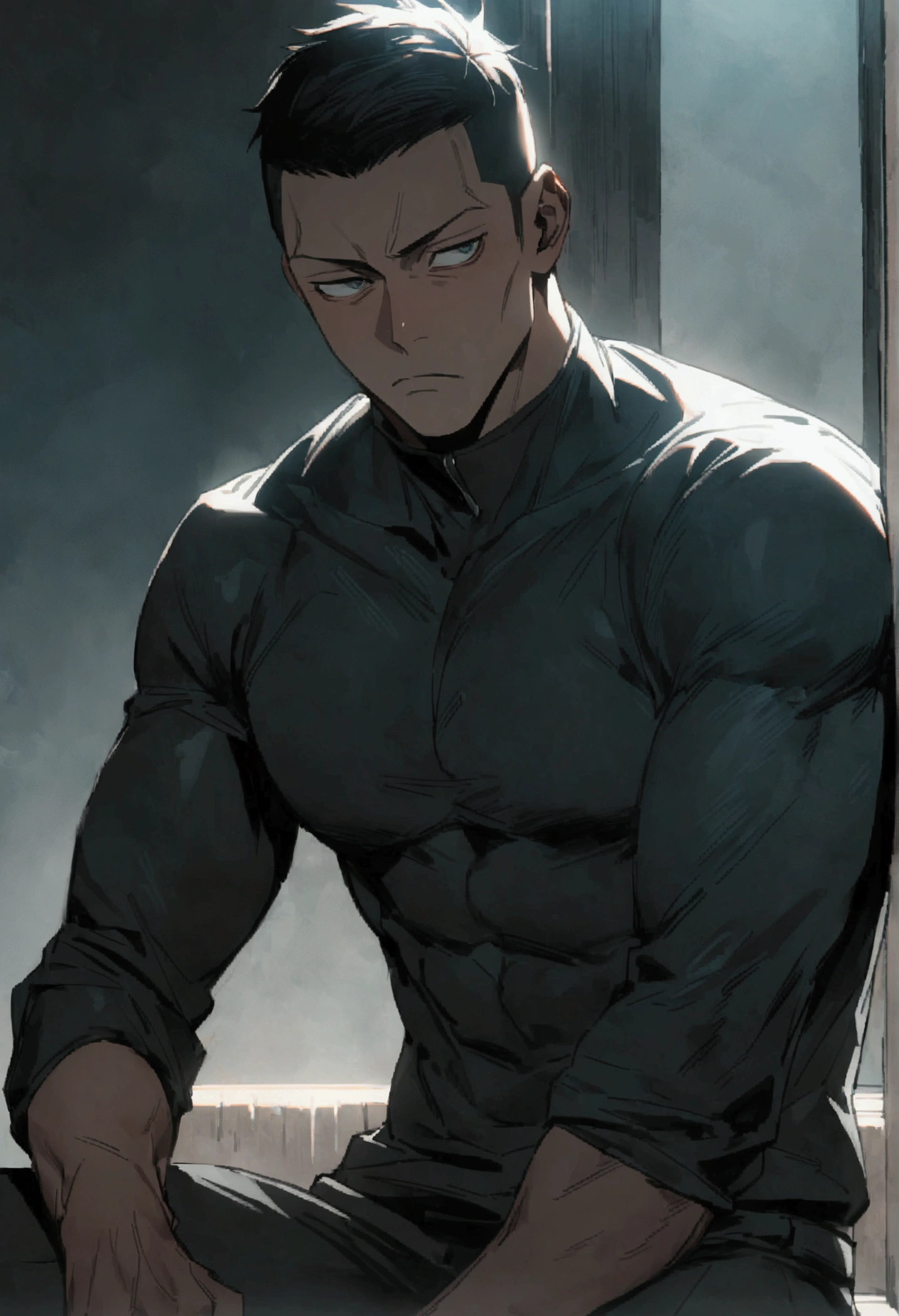 1 black African American man , black tight clothing in the jujutsu kaisen style, he is sitting with a frown, best quality 8K full well detailed 