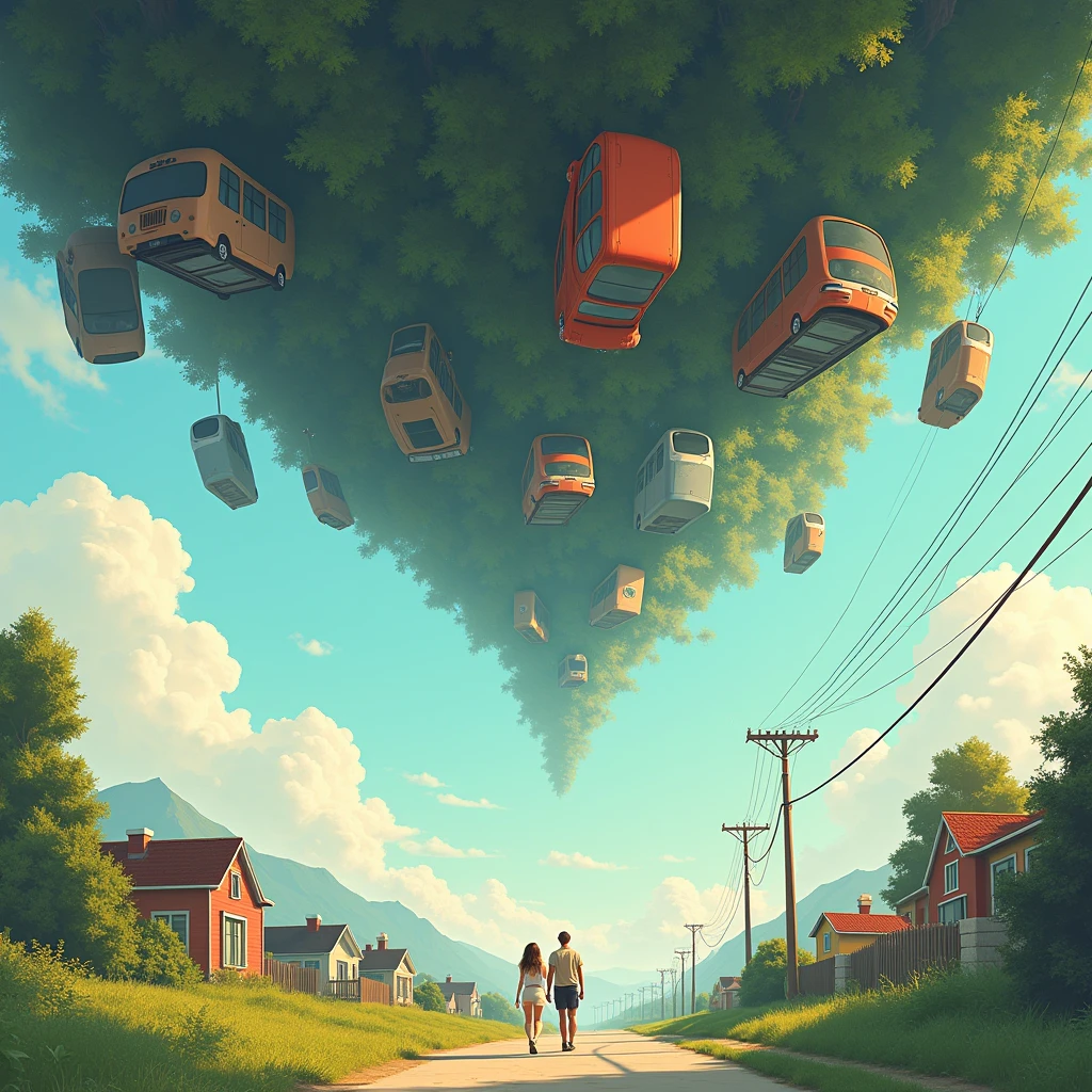 surreal Scene, abstract fantasy art, An everyday scene turned upside down,houses、Trees and cars are hanging in the sky,And people walk on the "ceiling"。The colors are mainly based on the natural colors of the real world,The light and shadow are mainly based on the inverted light source effect,The details are reflected in the gravity illusion of inverted objects and the natural expressions of the characters.