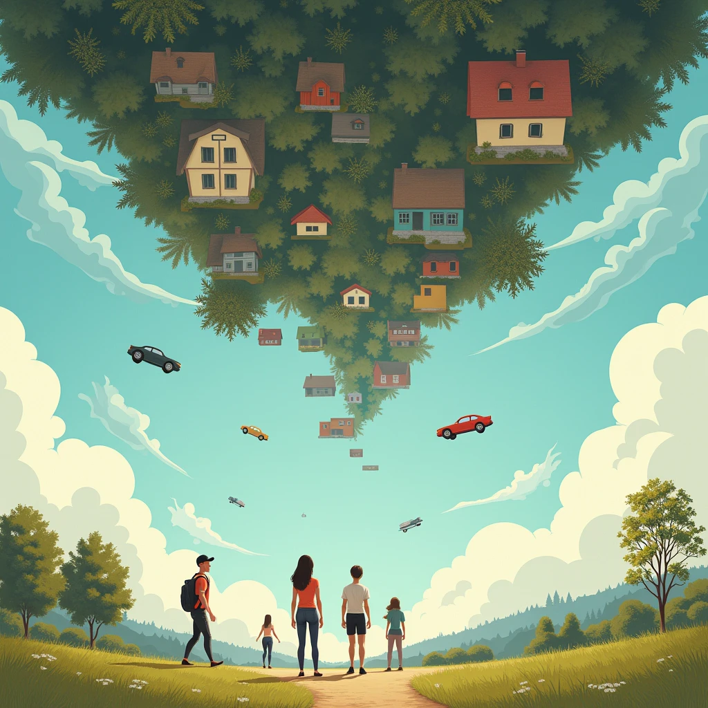 surreal Scene, abstract fantasy art, An everyday scene turned upside down，houses、Trees and cars are hanging in the sky，And people walk on the &quot;ceiling&quot;。The colors are mainly based on the natural colors of the real world，The light and shadow are mainly based on the inverted light source effect，The details are reflected in the gravity illusion of inverted objects and the natural expressions of the characters.