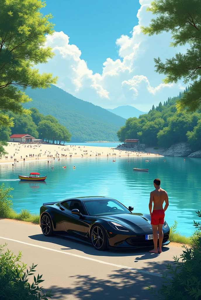 Black car stopped at the end of a paved road that ends in a large lake with water on all sides, panoramic view, lots of green and white sand beach with lots of people. Man in red underwear next to car.