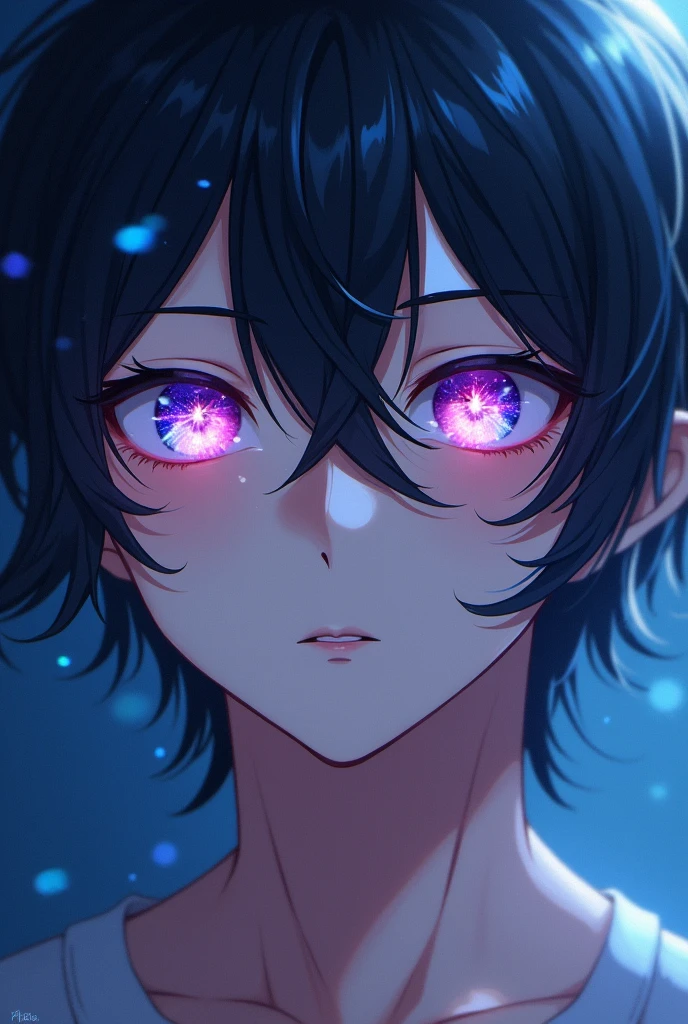 Anime art style, expressive features highlighted with large, emotive eyes, a man with dark hair reaching his shoulders, with galaxy-colored eyes