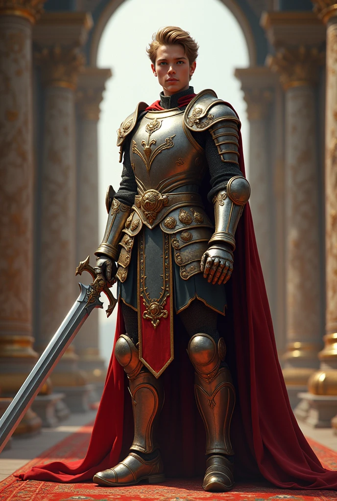 (photorealism:1.2) Boy prince with sword and armor with blue eyes