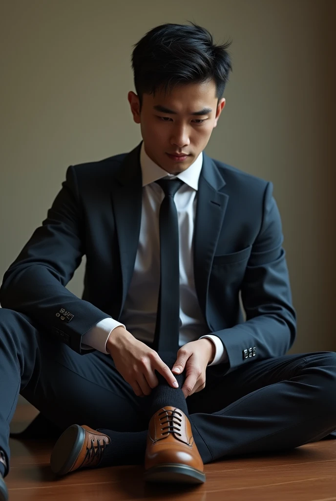Malay 25 years lawyer from Malaysia
Suit and tie
Focus Puma shoes on table
Focus Black sock on table
5 toes each feet
Focus on feet
A man lick his feet